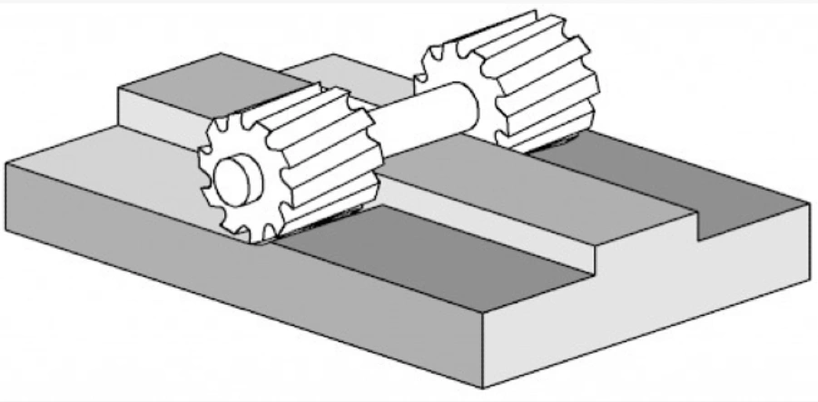 A diagram of two side milling cutters machining two channels on a block of material in straddle milling