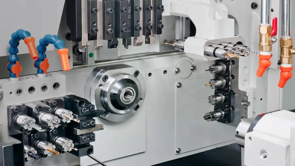 An image showing the tool setup of a Swiss screw machine