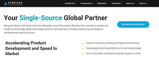 Screenshot of Sybridge product development capabilities page. It highlights their expertise in tooling, end-to-end designs, and 20+ global locations.