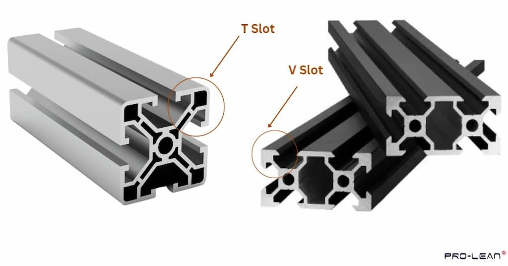 An image showing cross setion of T & V slots in aluminum extrusion profiles