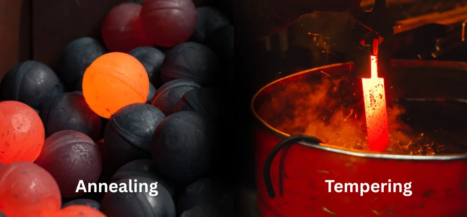 Annealing steel balls and tempering a hot metal rod in industrial setting