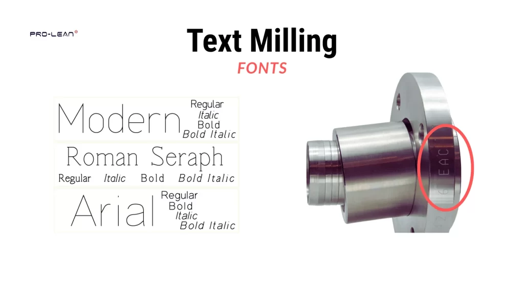 Image showing common fonts used in text milling, including Arial, Roman, and Seraph. A milled part example demonstrates how each font appears on a machined part.