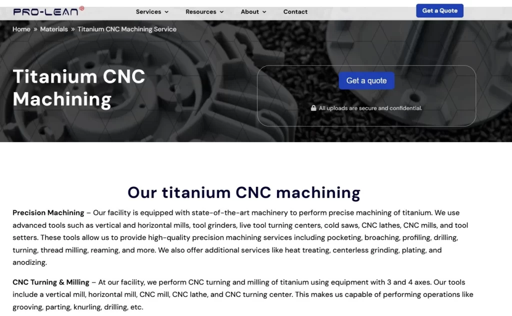 A screenshot of Ancastings' Titanium machining service page. Text
