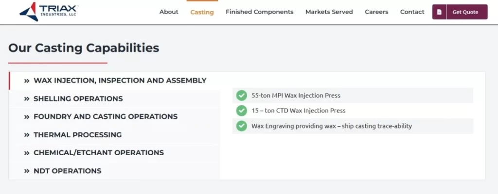 Screenshot of Triax Casting Capabilities page