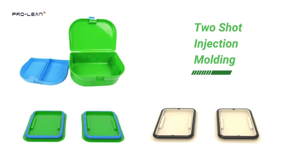 Two-shot molded plastic products displayed with visible dual materials, and vibrant colors, with overlaid text reading (Two Shot Injection Molding).