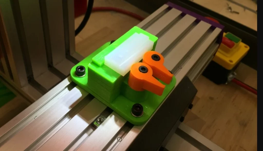 Custom CNC machine assembly with white UHMW slider block mounted on green and orange sliding fixture