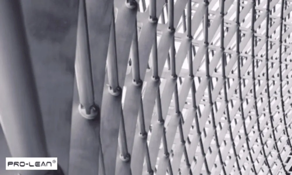 Close-up of a complex, interconnected steel structure, showcasing the strength and design possibilities.