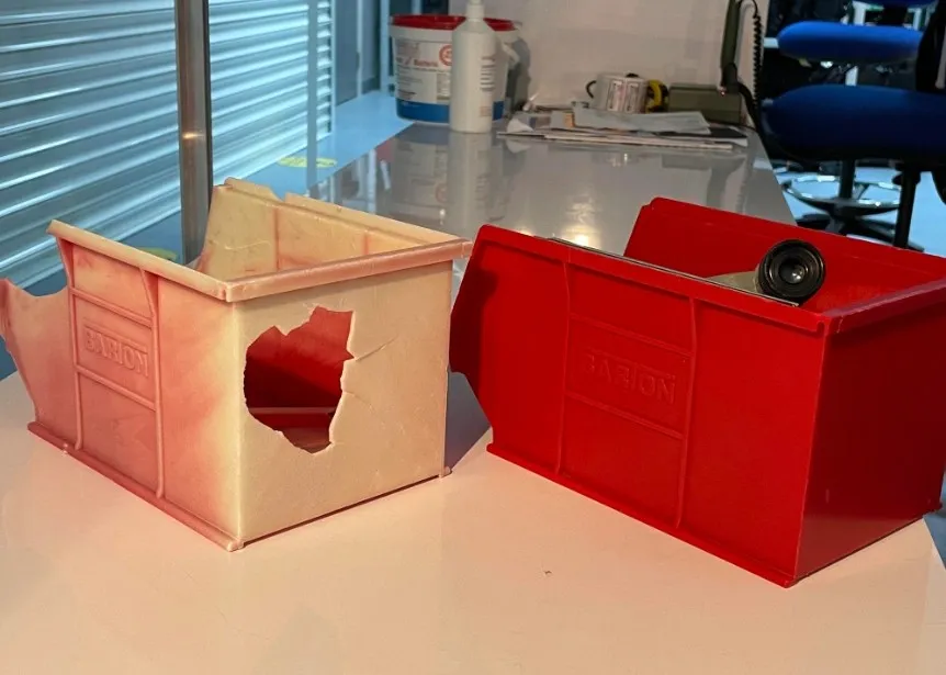 ABS plastic parts showing UV exposure degradation with color fading and surface deterioration