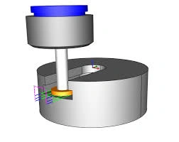 A narrow cylindrical workpiece being undercut by a yellow undercutting tool