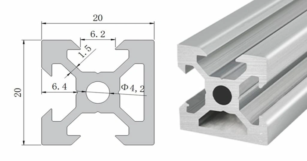 2D drawing of t slot extrusion at the left and cross section view of the corresponding extruded profile on the right