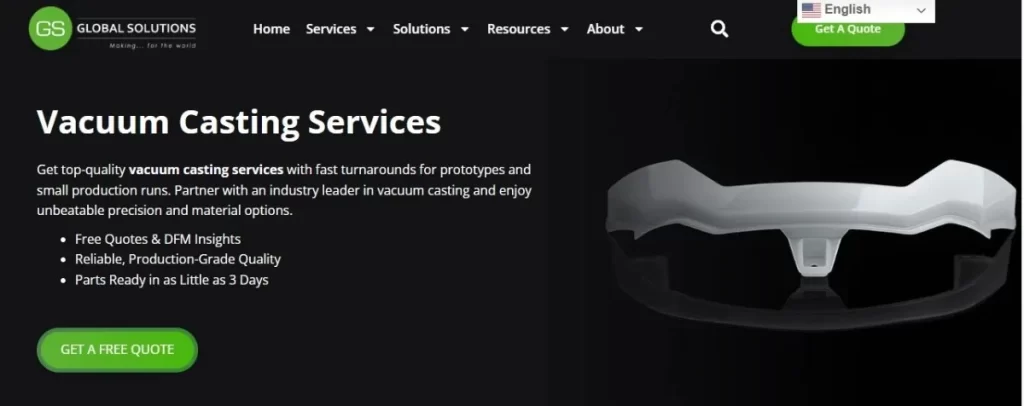 Screenshot of Vacuum Casting by GS Prototype service page.
