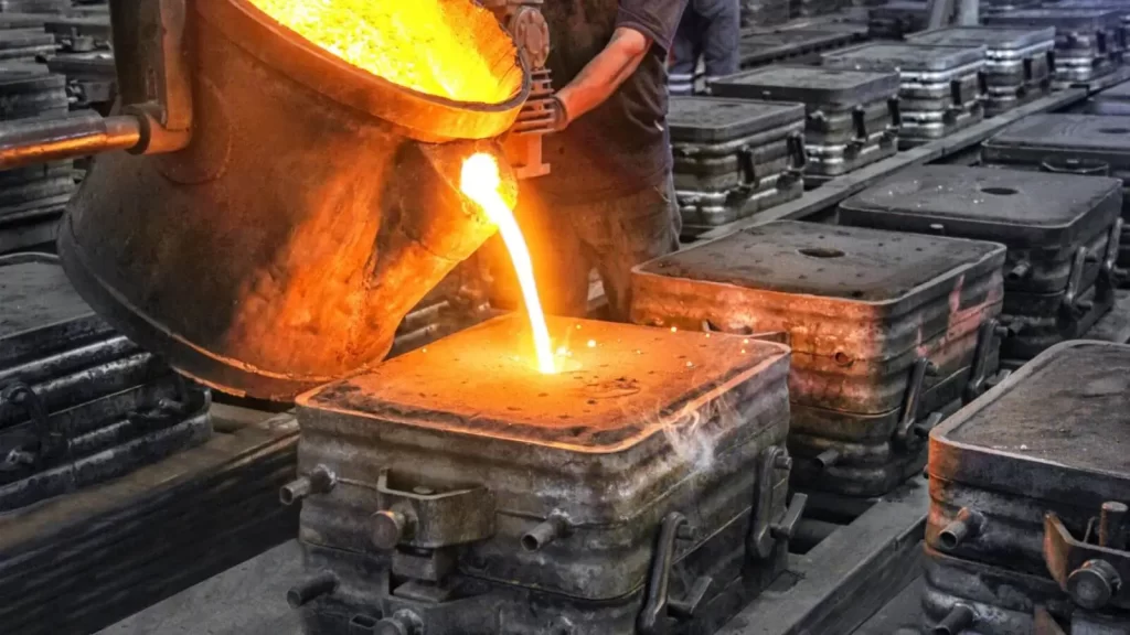 Molten metal being poured into a casting mold at a foundry.