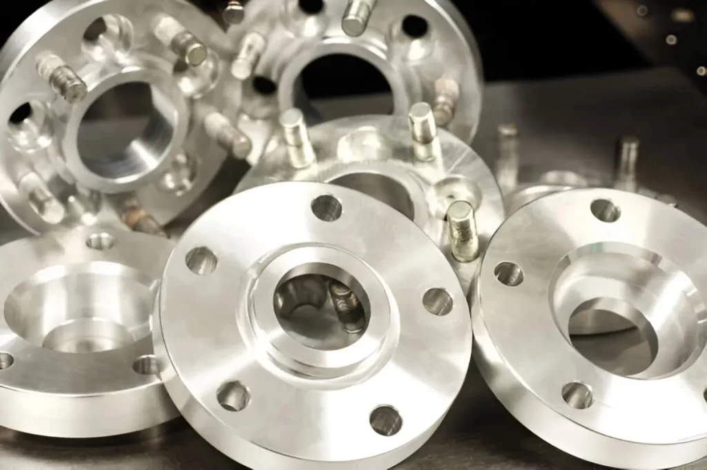Steel wheel spacers and bolts are displayed together, showing their metallic construction.