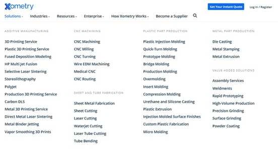 A screenshot of Xometry’s manufacturing capabilities page. It showcases its comprehensive coverage of various manufacturing services.