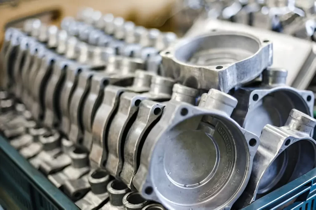 Bulk zinc die-cast motorbike engine parts are neatly arranged.