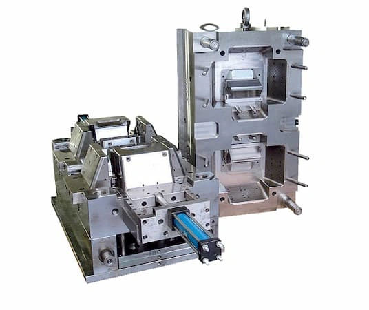 A Steel mold for zinc die casting on the left, and cross section view of the mold half on the right