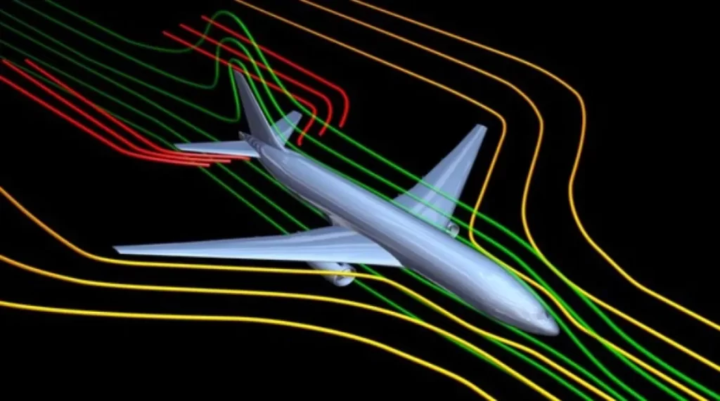 An image showing computer simulation of airflow around an airplane in colored streamlines.