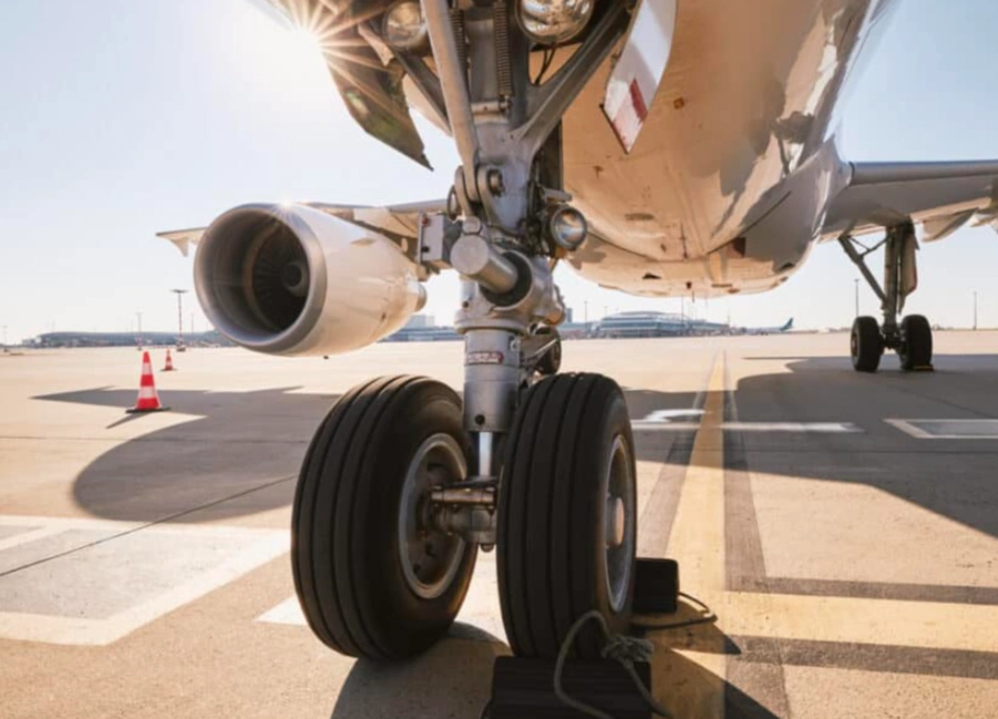 A close-up of an aircraft landing gear with steel parts
