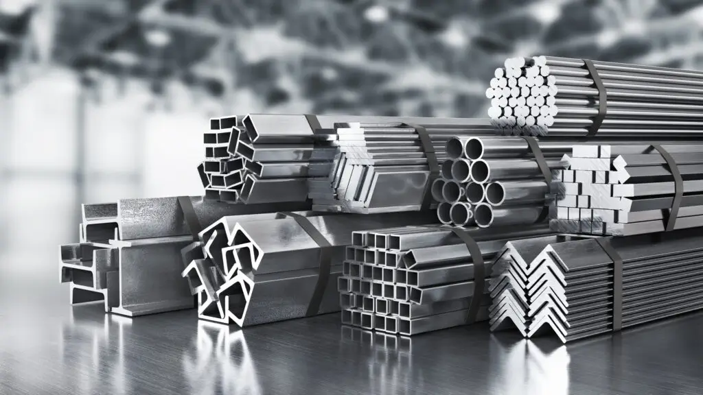 Stacks of aluminum bars, rods, and profiles arranged on a reflective surface.