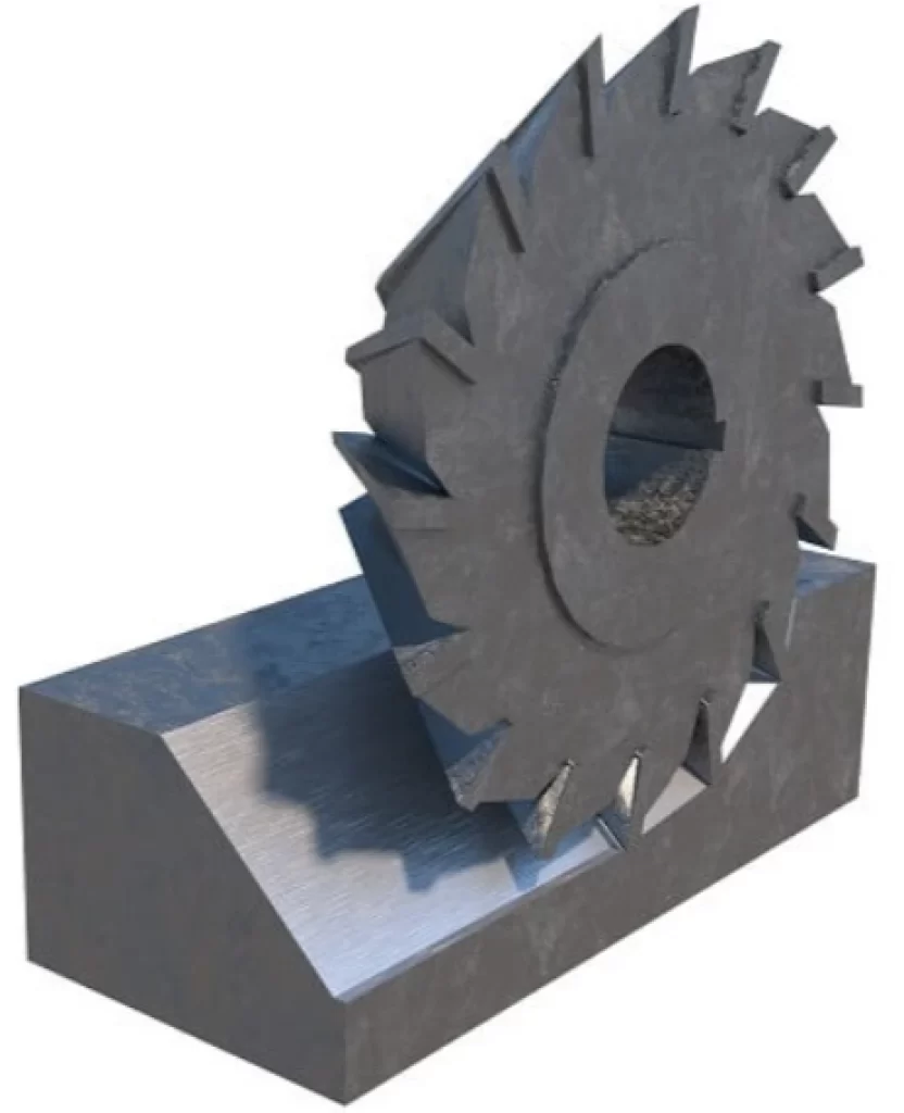 An image of an angled cutter with sharp teeth machining the side of a metal block, forming a chamfer in angular side milling