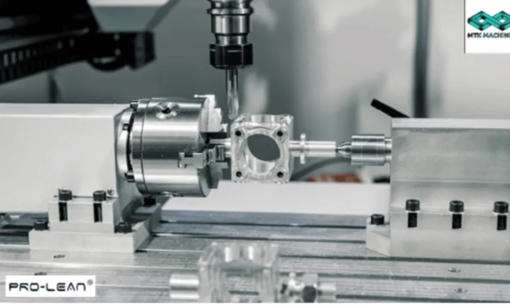 Close-up of a CNC machine precision-cutting a metal part, showcasing advanced manufacturing technology