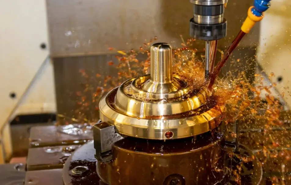 CNC machine cutting brass workpiece with coolant spray and flying metal chips