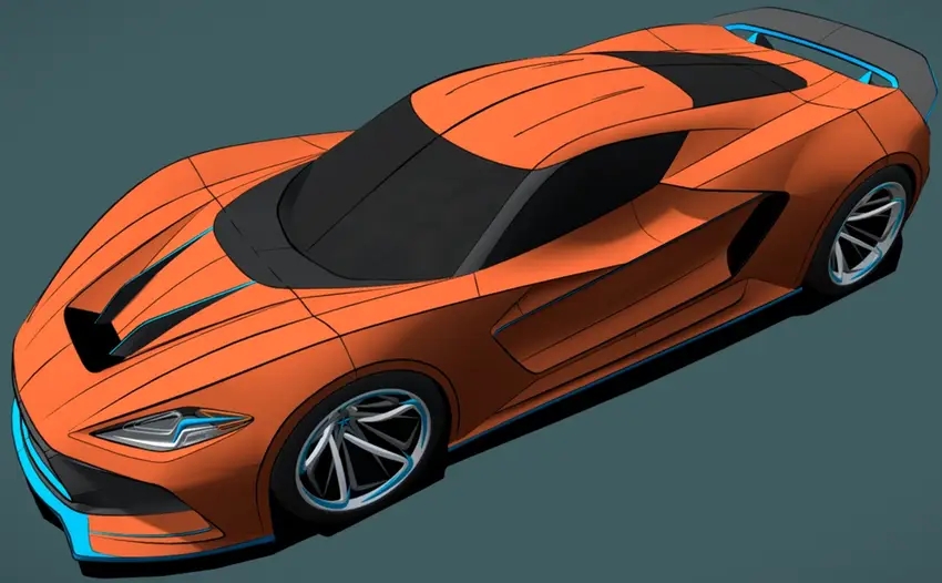 An image of a 3D image of a brown car with alloy wheels