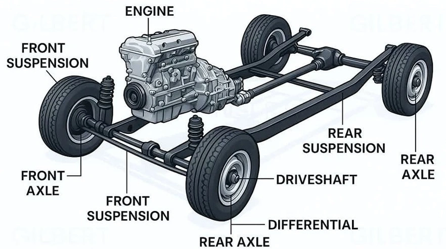 An infographic showing the layout of the ladder frame with labelling of different parts and the engine
