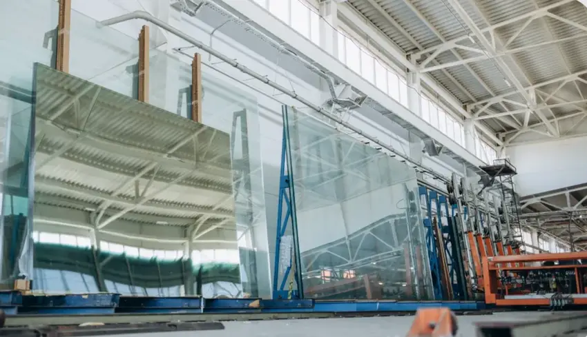 Large cast acrylic sheets in a manufacturing facility showing an industrial-scale production process