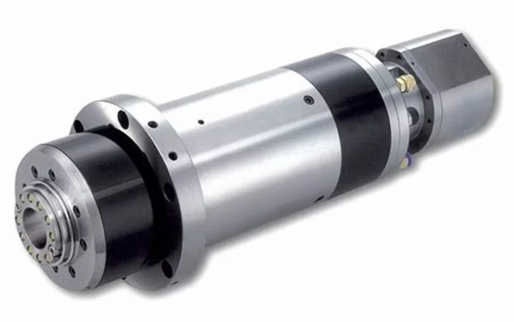 A closeup image of a sturdy shaft with different sections showing a CNC lathe spindle