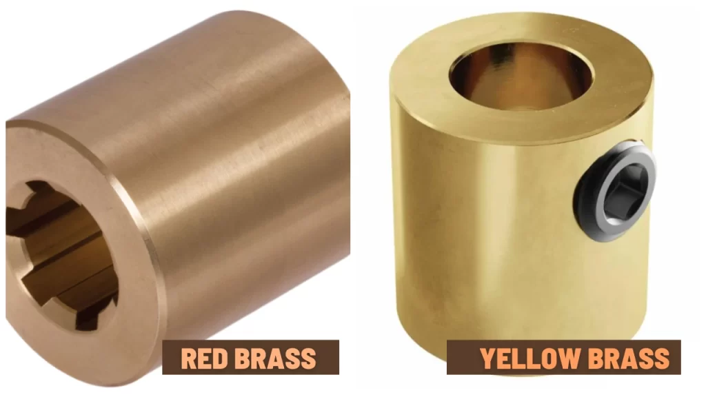 Side-by-side comparison showing the color difference between red brass and yellow brass components