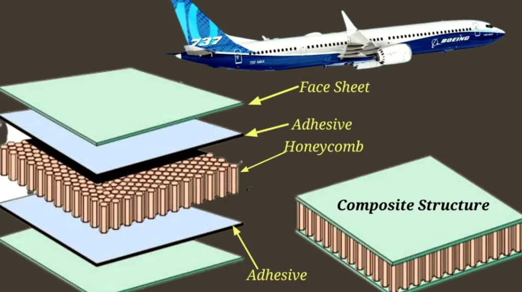An image of an aeroplane and a breakdown of the components of a composite structure used in some sections of the airplane