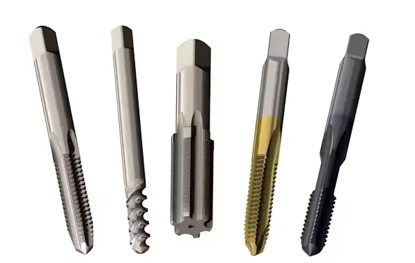 Five different metal taps used for cutting internal threads, arranged in a row, showing variations in design and coating