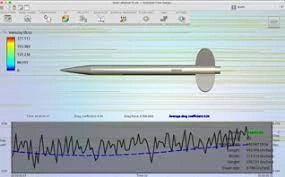 A close view of computer screen, showing simulation of rocket motion and trajectory with elliptical fins