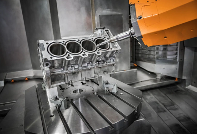 A yellow spindle of a multiaxis CNC machine precision machining an engine block