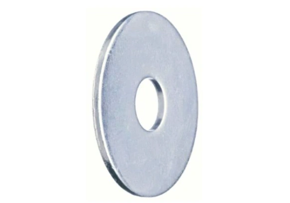 A closeup of a fender flat washer, a large-diameter washer with a relatively small central hole