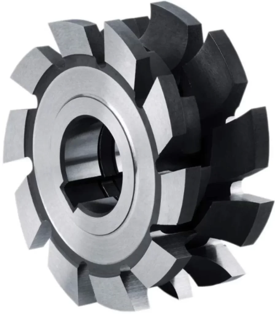 A close-up image of a form milling cutter showing sharp concentric teeth in two rows