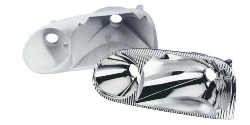 A closeup of a car headlight reflector