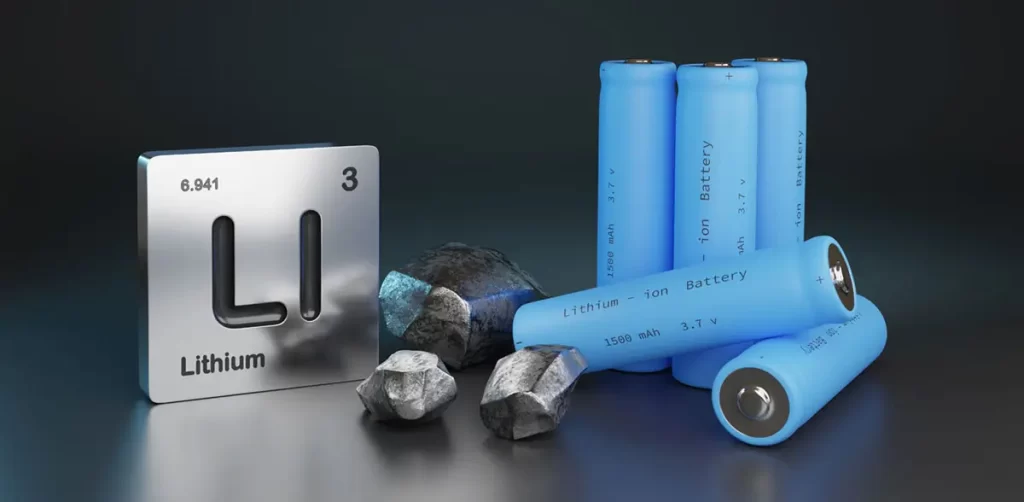 Lithium element symbol with lithium-ion batteries and raw lithium rocks on a reflective surface.