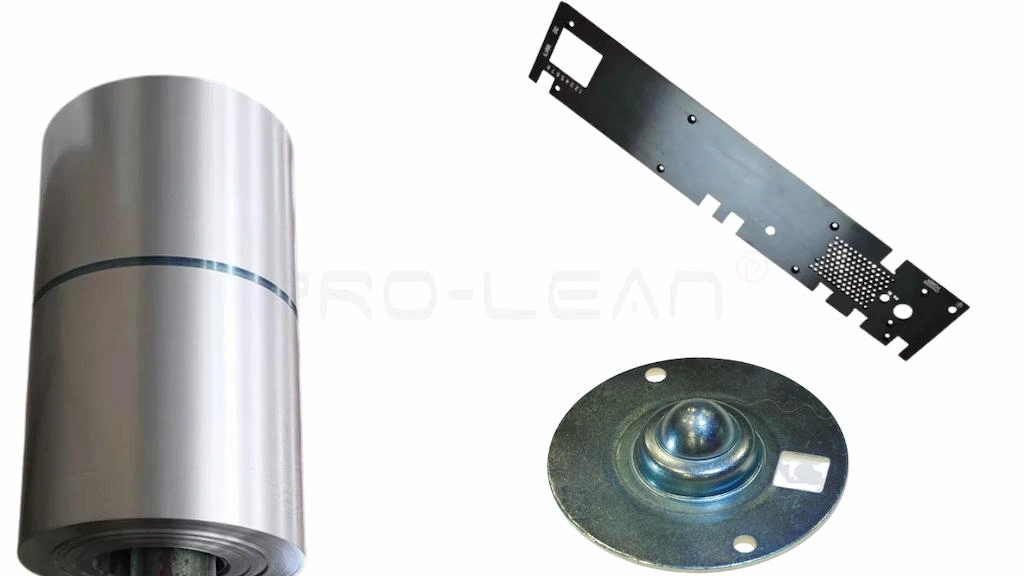 A coil of raw low-carbon steel sheet and stamping parts side by side