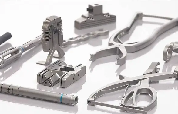 Assorted precision-machined metal medical parts and instruments.