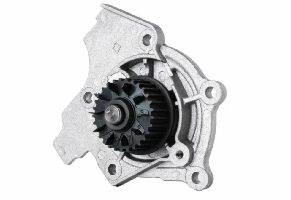 Automotive mechanical water pump with exposed black impeller blades visible through aluminum housing