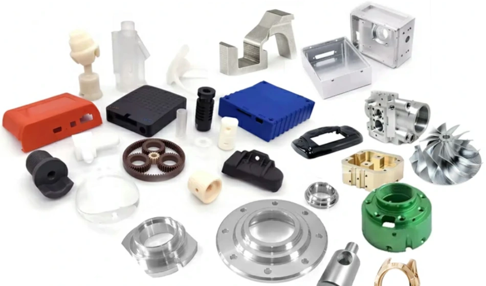 CNC-machined plastic and metal parts for medical use, some machined on the vertical milling center