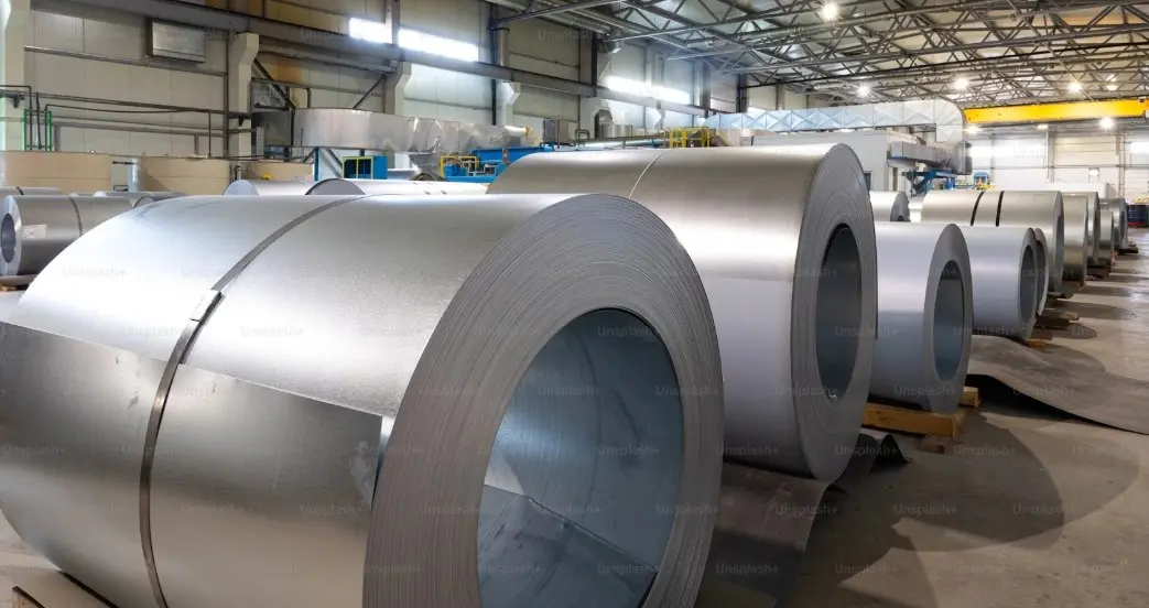 Many rolls of shiny silvery metal arranged in a warehouse