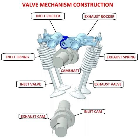 A close-up view of a camshaft and four valves, all labeled
