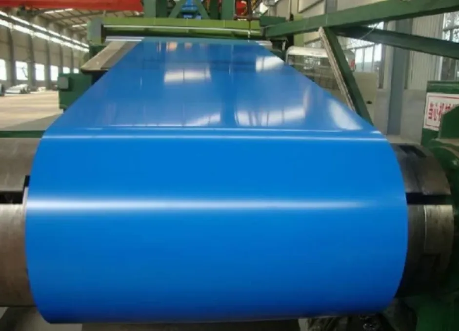 A blue powder-coated roofing sheet being rolled in a factory environment