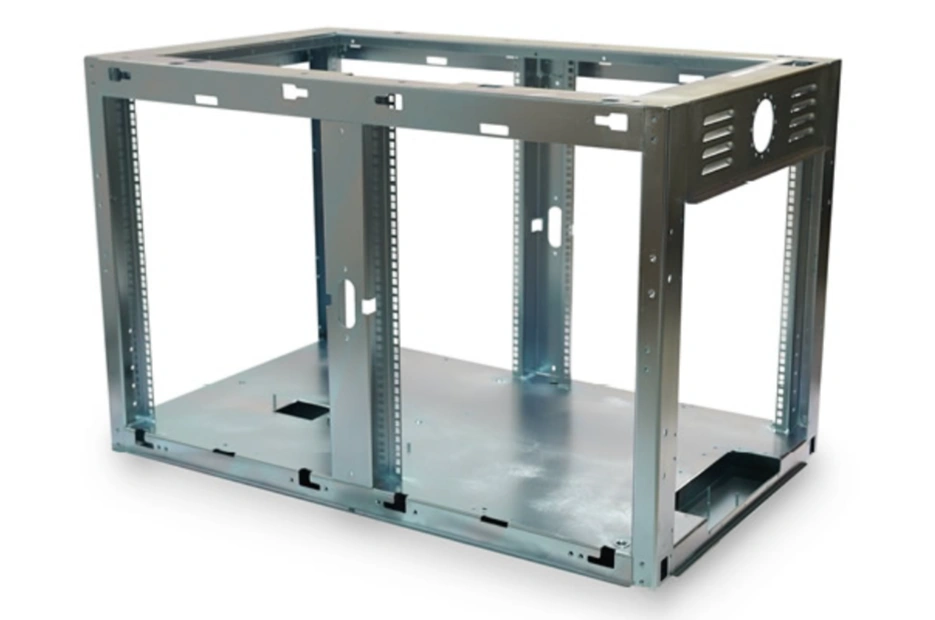 A sheet metal frame with mounting holes and ventilation slots
