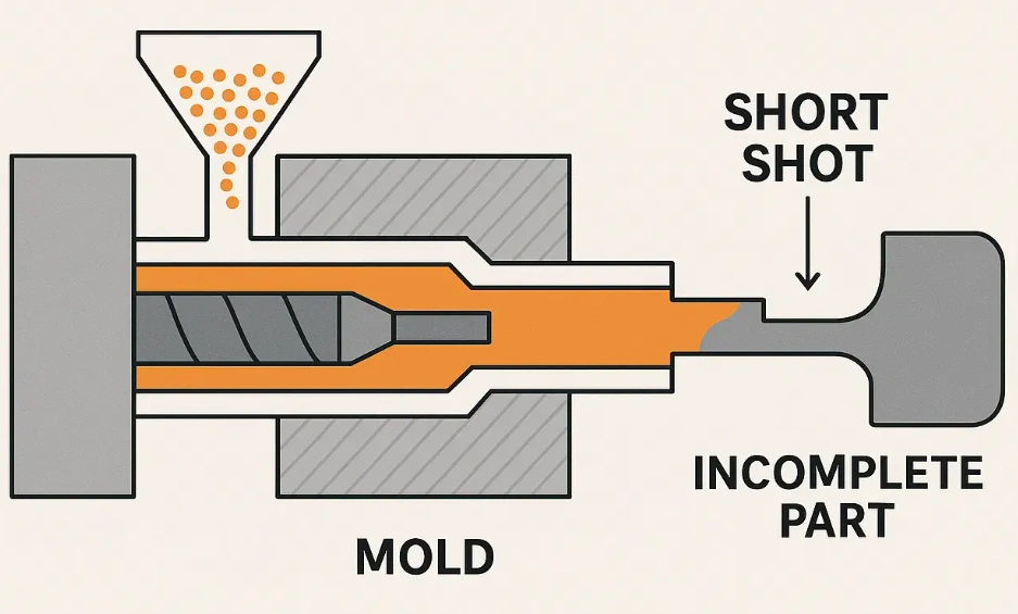 Diagram of an injection molding machine cross-section showing an underfilled mold cavity labeled