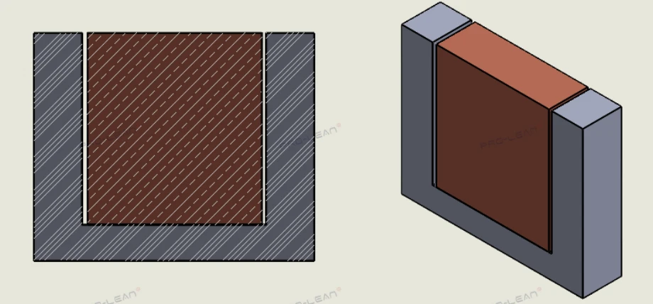 3D model of a rectangular slip fit with hatched areas to show gaps clearly