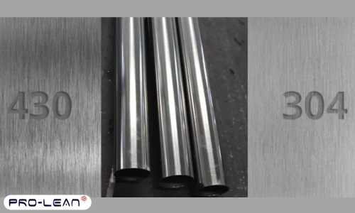 Comparison of stainless steel 430 vs. 304 with three polished metal tubes in the center, highlighting material differences